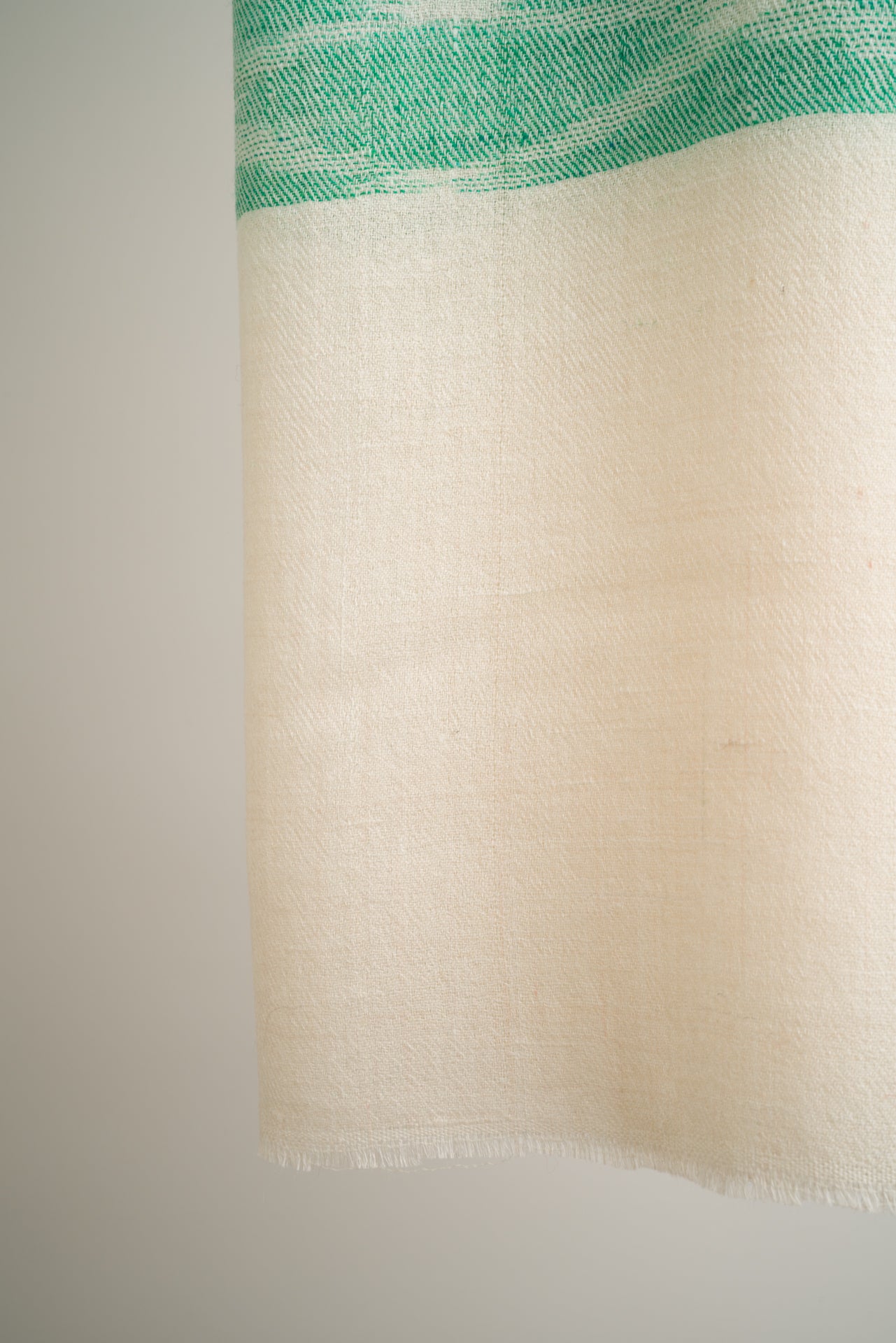 Handgewebter Pashmina-Cashmere-Schal aus Changthangi-Wolle in grünem Ikat Design, hergestellt in Kaschmir, Closeup